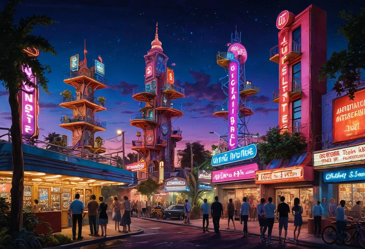 A surreal landscape representing the adult entertainment industry, featuring towering, whimsical structures symbolizing various facets of the industry, like film reels and neon signs. In the foreground, a diverse group of individuals engaged in conversations, with expressions of curiosity and contemplation, amidst lush greenery and urban elements blending together. The sky is painted with vibrant twilight hues, hinting at complexity and allure. surrealism. vibrant colors. dynamic composition.