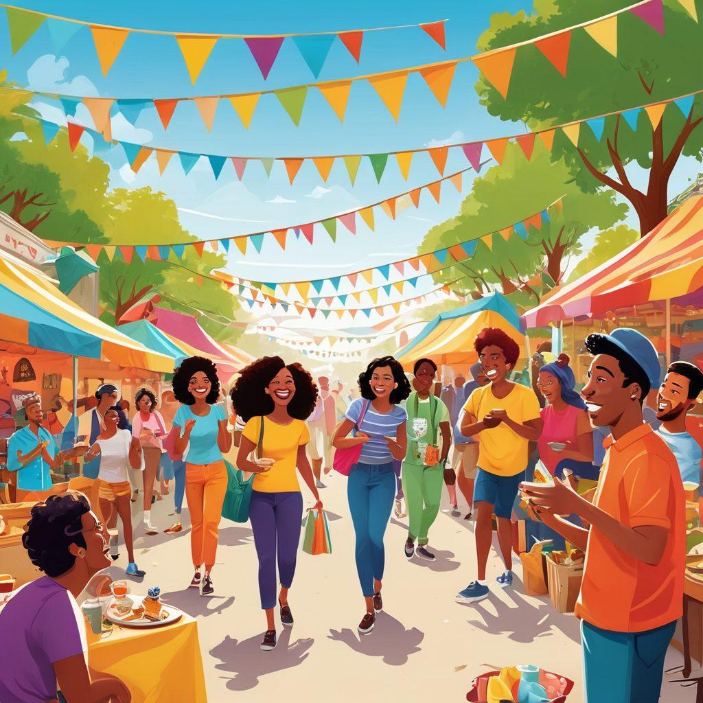 A lively scene featuring diverse adults engaged in a humorous community event outdoors, with colorful banners and playful activities. Include characters sharing laughter over quirky games, food trucks with adult themes, and casual conversations that reflect varying lifestyles. Add whimsical elements, like oversized props or funny costumes, to enhance the comedic atmosphere. bright colors. vector art. playful composition.