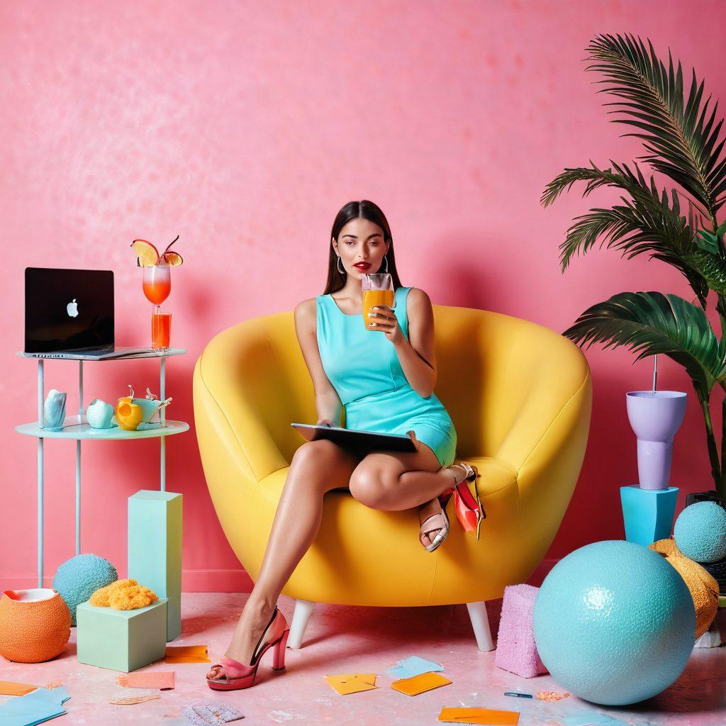 A whimsical and vibrant collage showcasing oversized objects symbolizing adult lifestyle: a giant cocktail glass, enormous high heels, and massive spa accessories set against a playful backdrop of fun, pastel colors. A person reading a blog on a laptop amidst this oversized environment, evoking a sense of curiosity and humor about adult life. The scene is filled with laughter, relaxation items, and elements of self-care. digital art. vibrant colors. playful atmosphere.